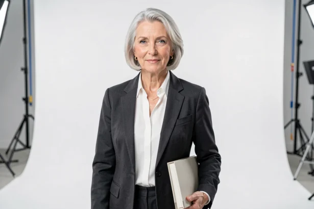 Mannequin senior femme aux cheveux argentés posant dans un studio photo professionnel avec portfolio