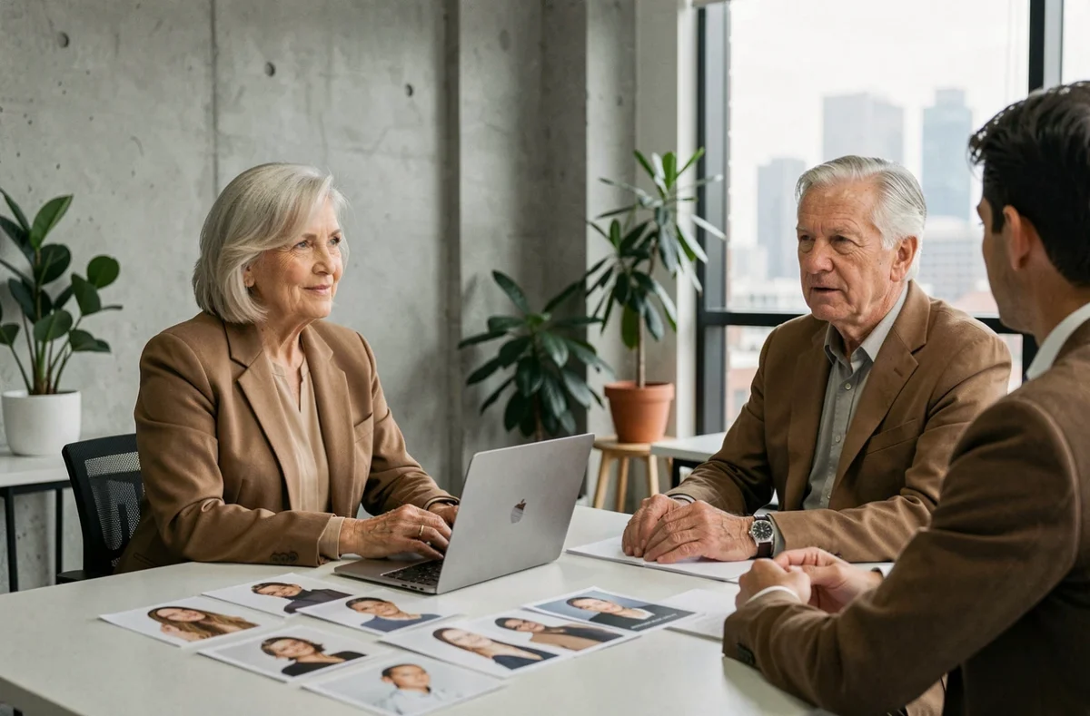Couple de mannequins seniors en réunion avec un directeur de casting dans une agence de mannequinat moderne