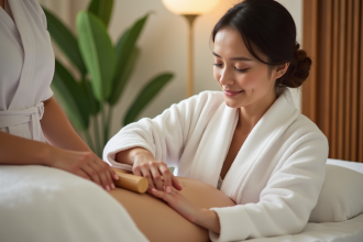 Femme recevant un massage en spa avec outil en bois