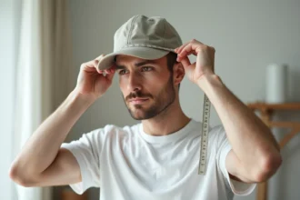 Homme mesurant son tour de tête avec un mètre ruban pour choisir la bonne taille de casquette