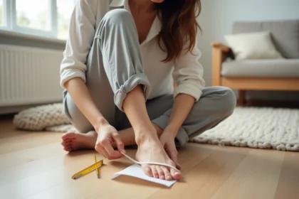 Femme mesurant son pied nu avec une règle sur du papier posé sur un parquet en bois clair pour trouver sa taille de chaussure