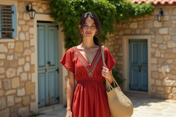 Femme portant une robe en lin rouge brodée de motifs corses devant un mur en pierre d'un village méditerranéen
