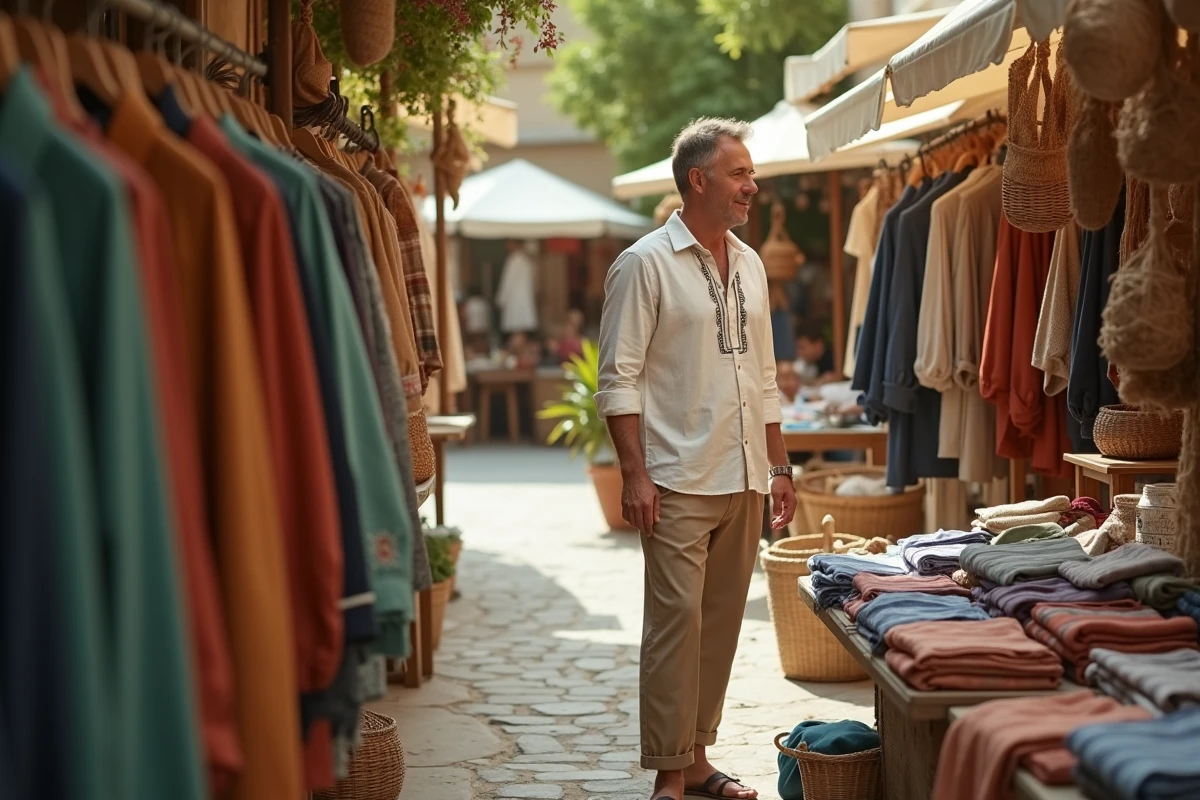 Homme en chemise en lin brodée explorant des vêtements corses traditionnels sur un marché artisanal en plein air