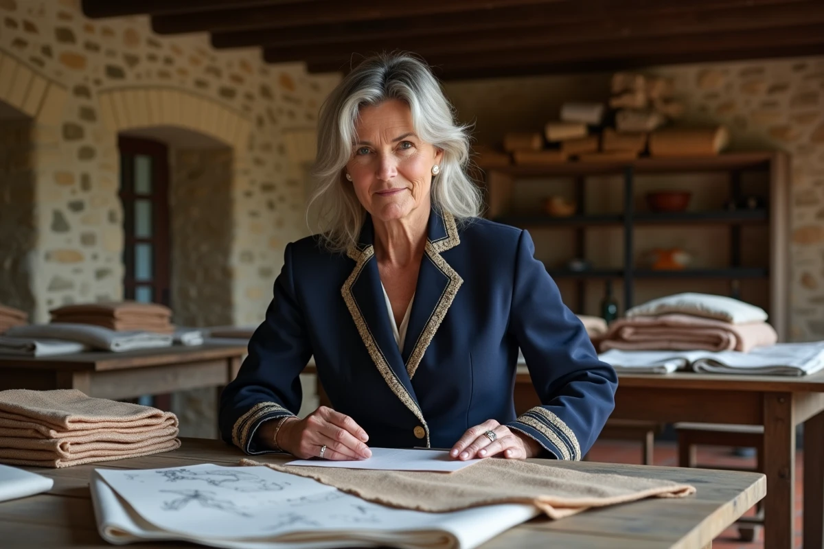 Femme élégante en veste brodée d'inspiration corse examinant des échantillons de tissus dans un atelier en bergerie traditionnelle