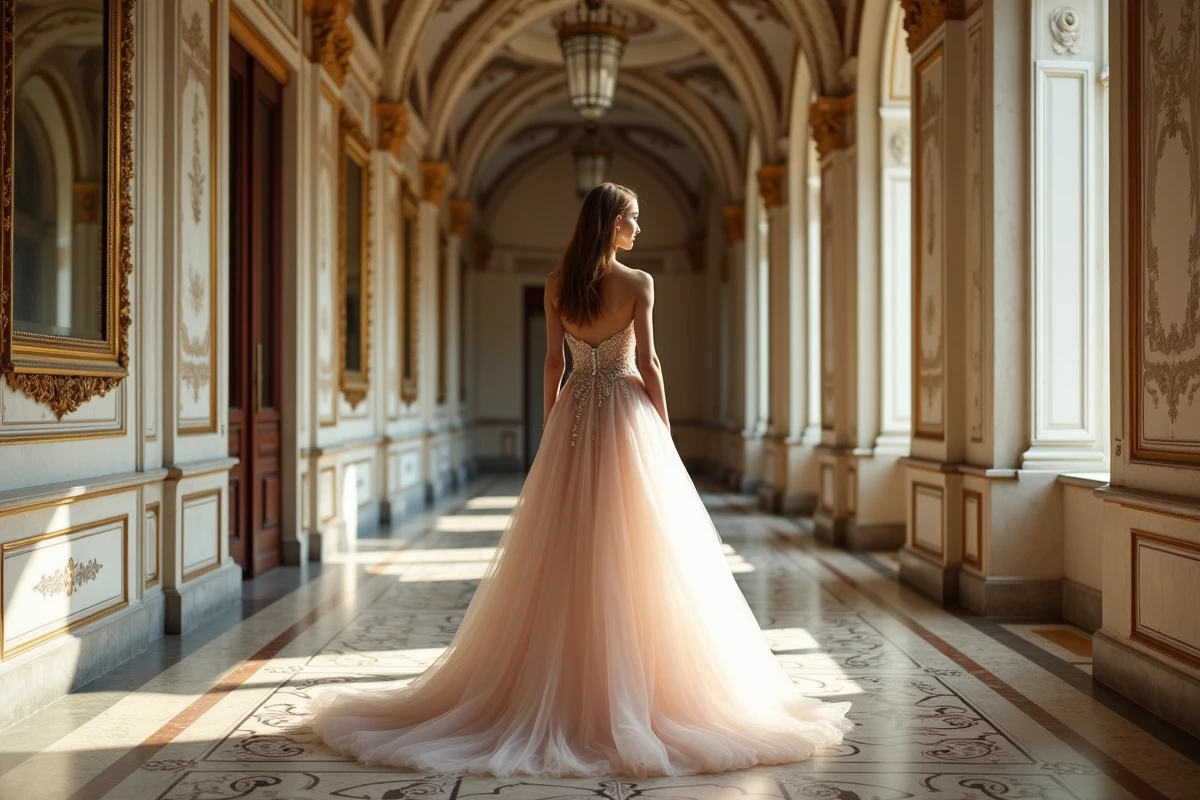 Modèle en robe haute couture dans un couloir parisien