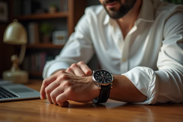 Homme d'une quarantaine d'années attachant une montre personnalisée gravée à son poignet dans un bureau chaleureux avec photo encadrée en arrière-plan