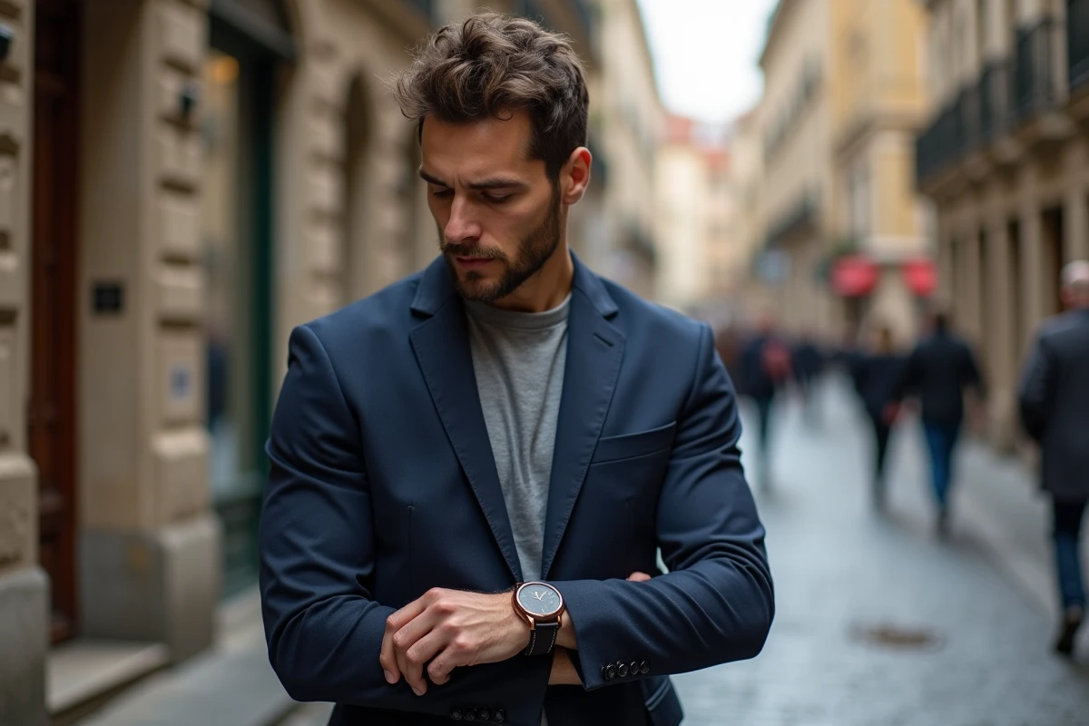 Homme en blazer marine regardant sa montre personnalisée dans une rue pavée européenne en automne, expression nostalgique et élégante
