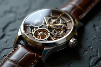 Montre de luxe squelettée en platine avec tourbillon et médaillon en émail, posée sur une surface en ardoise sombre