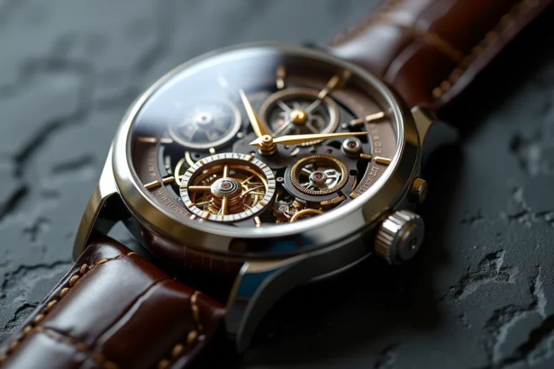 Montre de luxe squelettée en platine avec tourbillon et médaillon en émail, posée sur une surface en ardoise sombre