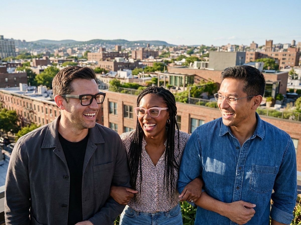 Trois amis portant différentes montures de lunettes tendance sur un rooftop urbain ensoleillé