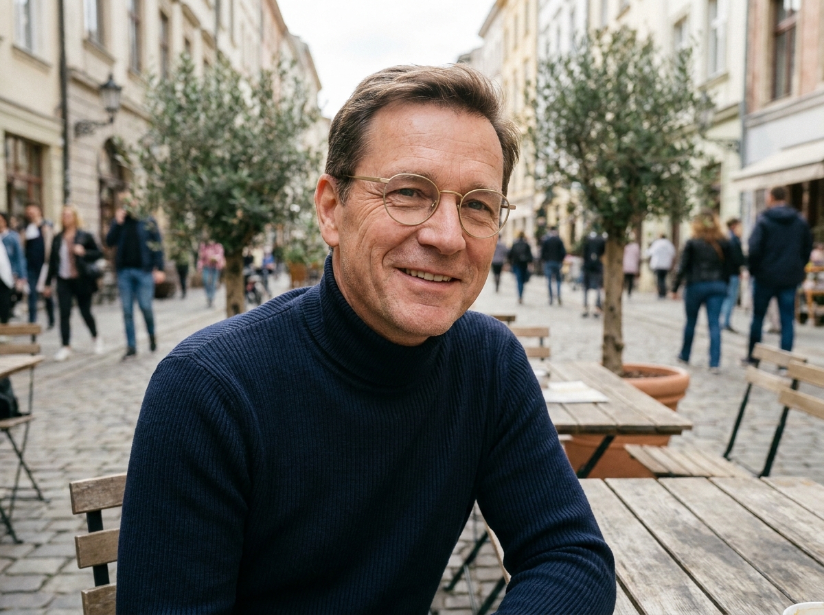 Homme distingué portant des lunettes rondes en métal doré mat à la terrasse d'un café urbain