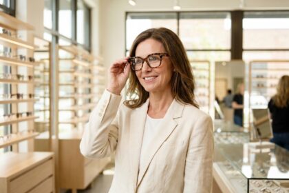 Femme élégante portant des lunettes tendance oversize en acétate écaille dans une boutique optique contemporaine