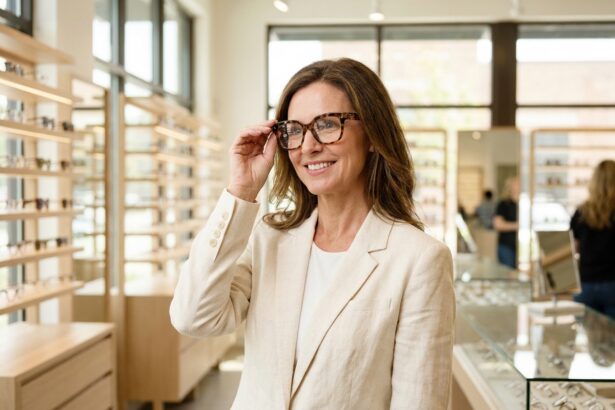 Femme élégante portant des lunettes tendance oversize en acétate écaille dans une boutique optique contemporaine