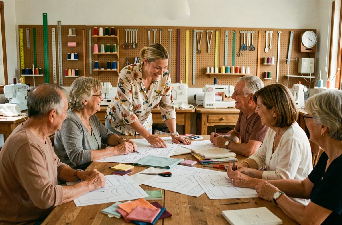 Mylène Porte animant un cours de couture à Toulon avec des étudiants adultes autour d'une table de travail garnie de tissus et de patrons