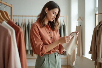Femme en blouse terracotta et pantalon vert sauge parcourant les nouveautés Kiabi dans une boutique lumineuse, tendances couleurs 2026