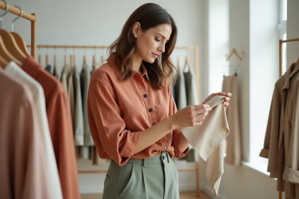 Femme en blouse terracotta et pantalon vert sauge parcourant les nouveautés Kiabi dans une boutique lumineuse, tendances couleurs 2026