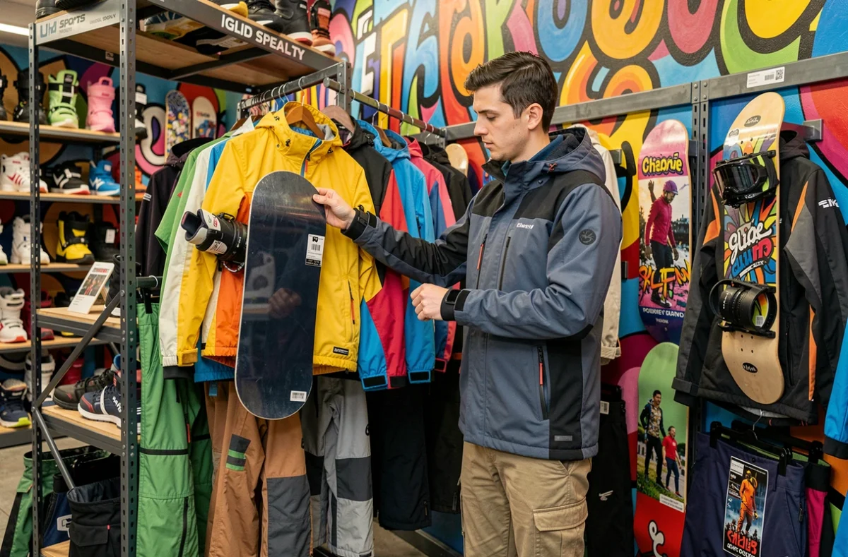 Employé de la boutique OK Glisse à Chenôve devant un mur de vêtements de sports de glisse et de snowboard