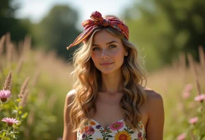 Foulard coloré noué dans les cheveux pour un look bohème chic