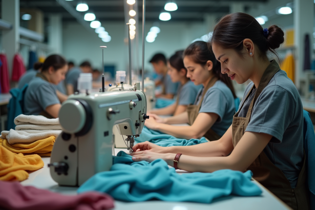 Groupe d'ouvriers en atelier textile en pleine fabrication