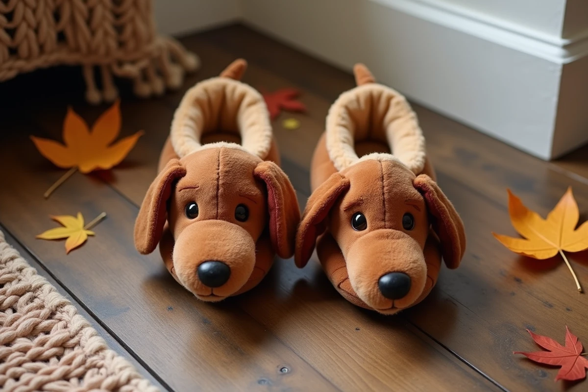 Paire de chaussons teckel en peluche marron posée sur un parquet en bois rustique avec un tapis en laine