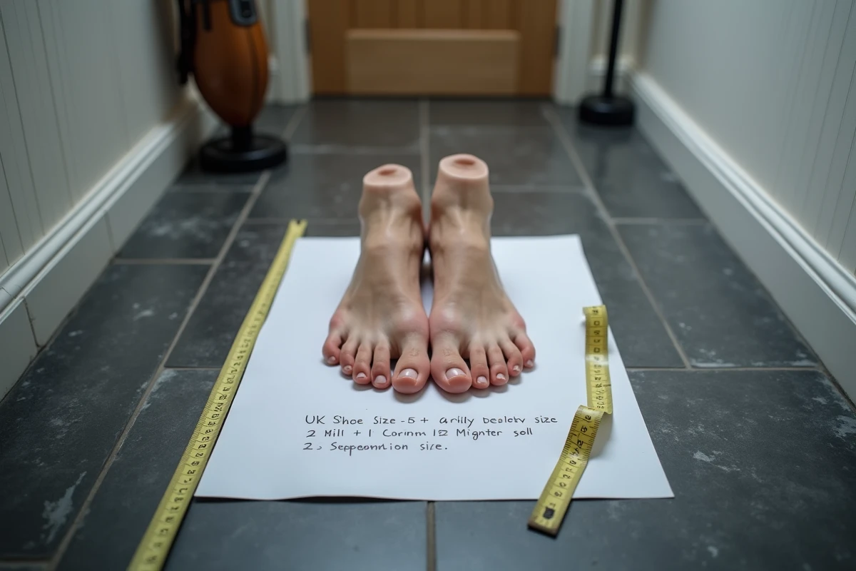 Vue de dessus de deux pieds nus posés sur du papier blanc avec un mètre ruban et une fiche de conversion pointure UK sur carrelage sombre
