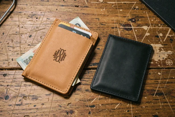 Portefeuille en cuir personnalisé ouvert à côté d'un porte-cartes gravé sur un bureau en chêne, comparaison des deux accessoires