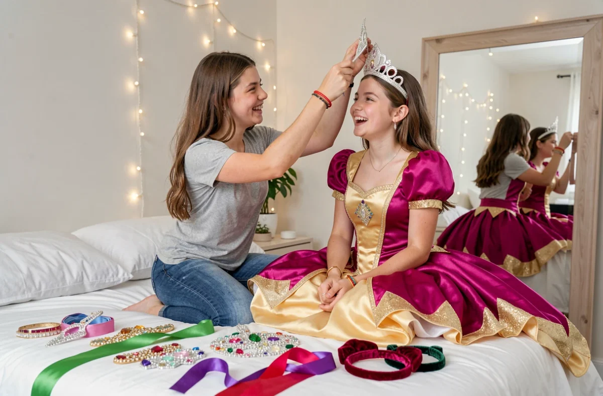 Deux adolescentes préparant leurs déguisements de princesse pour le carnaval avec couronnes et accessoires