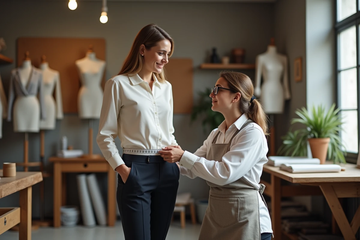 Couturière professionnelle prenant les mensurations des hanches d'une femme dans un atelier de couture