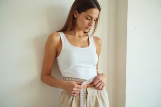 Femme prenant ses mensurations à la taille avec un mètre ruban souple dans un intérieur minimaliste