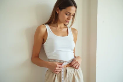 Femme prenant ses mensurations à la taille avec un mètre ruban souple dans un intérieur minimaliste
