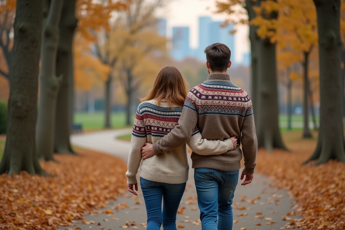 Jeune couple marchant dans un parc en automne avec pulls coordonnes