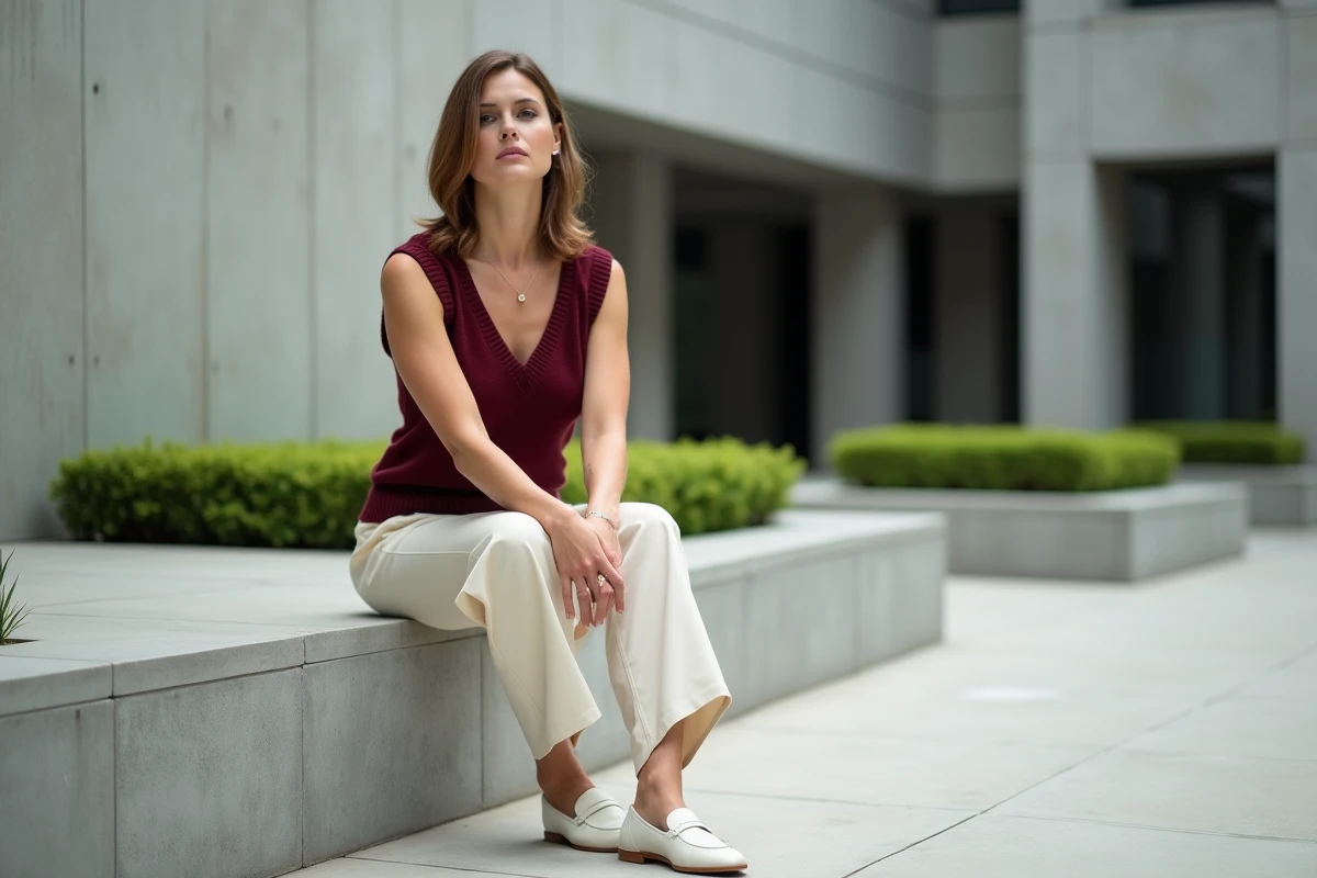 Femme assise en pull sans manche bordeaux et pantalon large ivoire dans une cour architecturale moderne