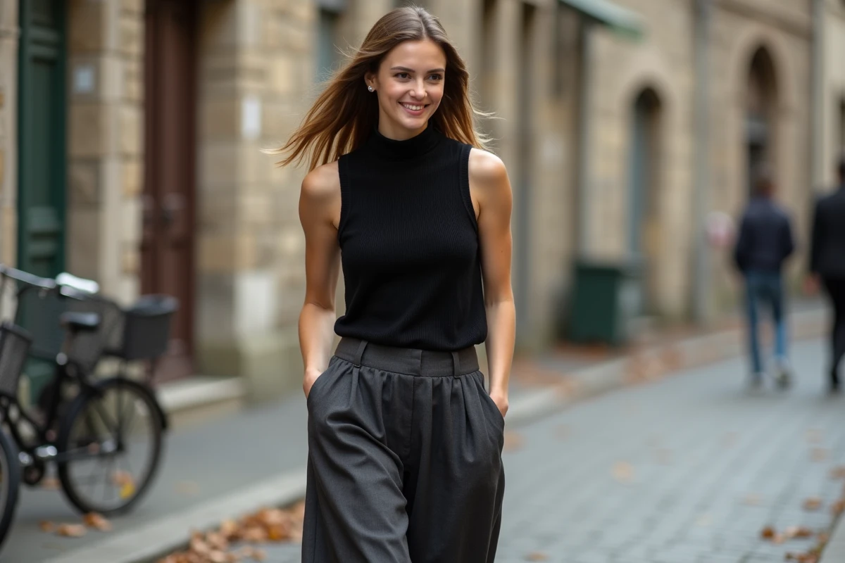 Femme en pull sans manche noir et pantalon large lin gris dans une rue pavée en automne