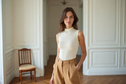 Femme portant un pull sans manche crème avec un pantalon large camel dans un appartement parisien