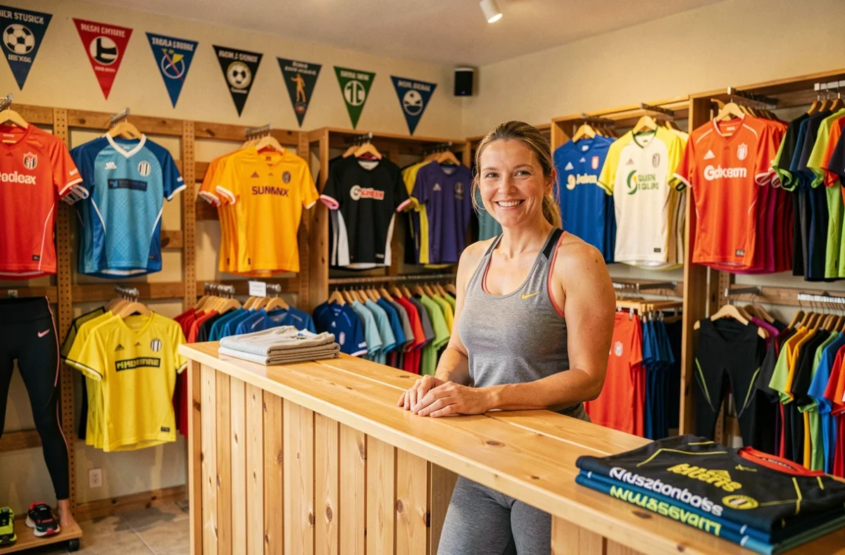 Propriétaire de la boutique multisport R de Sport à Nevers dans la Nièvre entourée de vêtements de sport variés