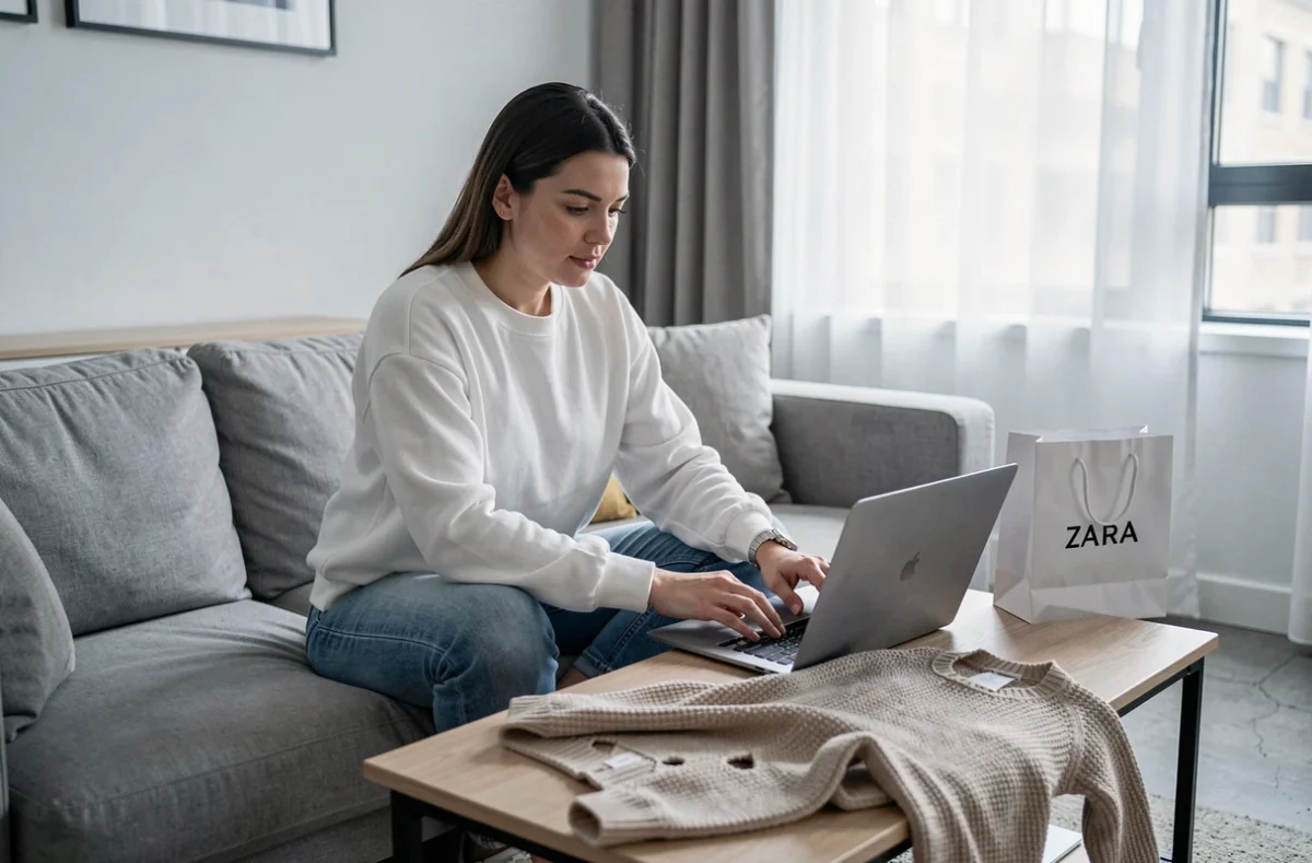 Femme remplissant un formulaire de réclamation en ligne contre ZARA depuis son appartement