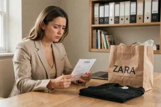 Femme examinant un reçu ZARA à son bureau pour préparer une réclamation consommateur