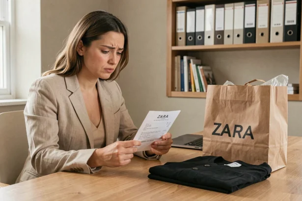 Femme examinant un reçu ZARA à son bureau pour préparer une réclamation consommateur