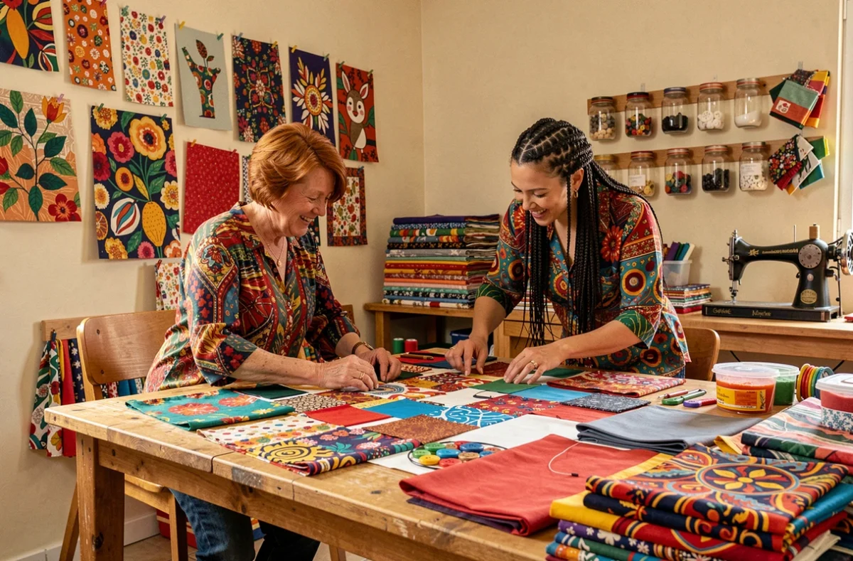 Deux couturières créatives de Reg'Art 2 Femmes à Toulon travaillant ensemble sur un projet de couture coloré dans leur atelier artistique
