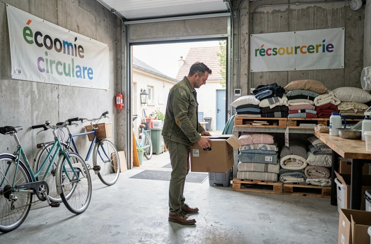 Homme déposant des dons à l'entrée de La Ressourcerie du Pont, friperie circulaire à Chalon-sur-Saône
