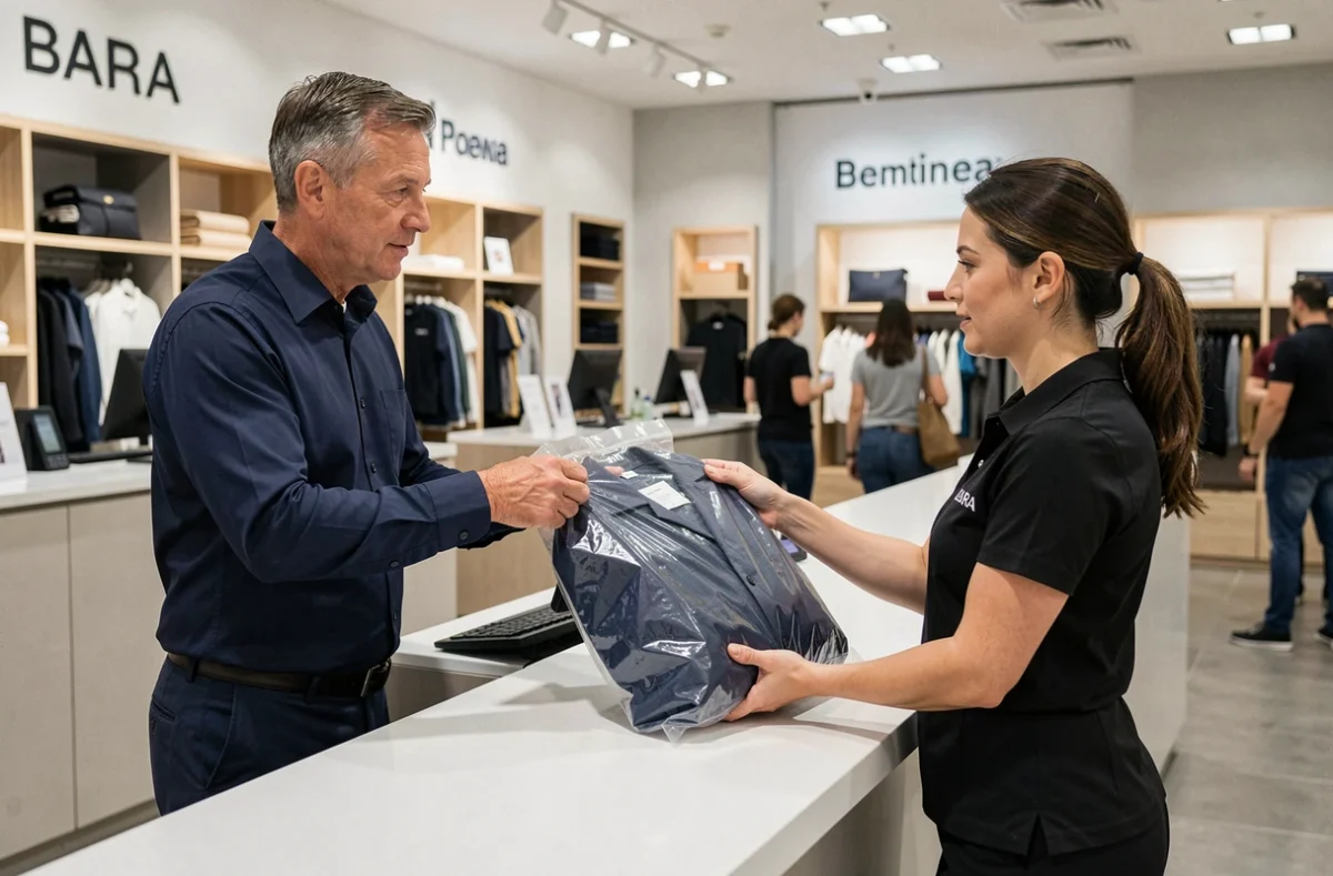 Homme effectuant un retour de vêtement ZARA au comptoir du service client en magasin