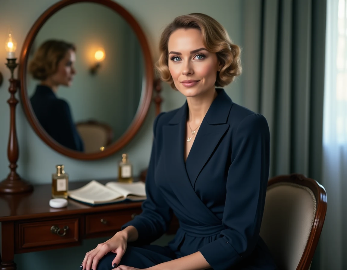 Femme assise à une coiffeuse vintage portant une robe années 30 marine avec chignon élégant et maquillage nude rose