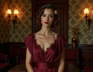 Femme en robe années 30 en soie bordeaux avec coiffure ondulée et maquillage rouge à lèvres classique dans un intérieur art déco