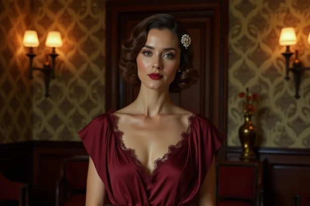 Femme en robe années 30 en soie bordeaux avec coiffure ondulée et maquillage rouge à lèvres classique dans un intérieur art déco