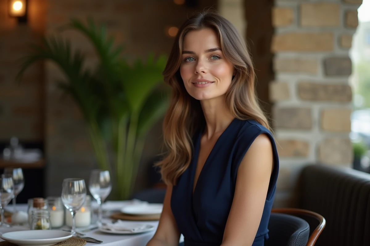 Femme assise au restaurant en robe de cocktail en crêpe bleu marine structurée, illustrant une matière haut de gamme accessible
