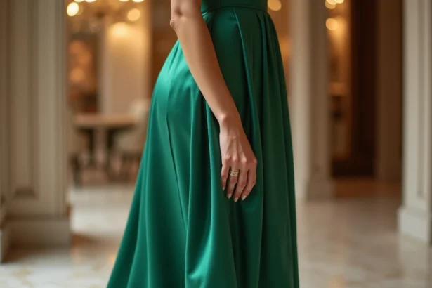 Femme portant une robe de cocktail en satin vert émeraude dans une boutique parisienne haut de gamme, mise en valeur de la matière fluide et élégante