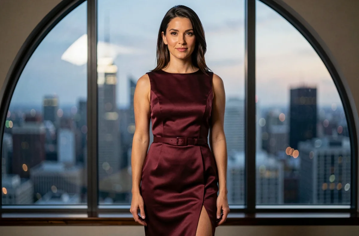 Femme en robe crayon bordeaux en satin avec fente latérale et ceinture devant une grande fenêtre urbaine, mettant en avant les détails raffinés du tissu satiné et de la coupe ajustée