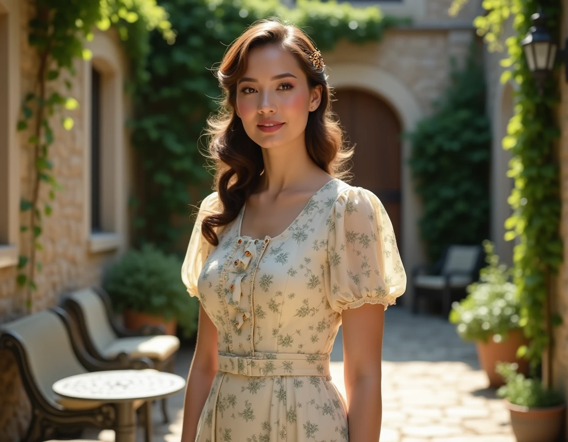 Femme en robe fleurie style années 30 avec ondulations Marcel et maquillage rose poudré dans un jardin en pierre