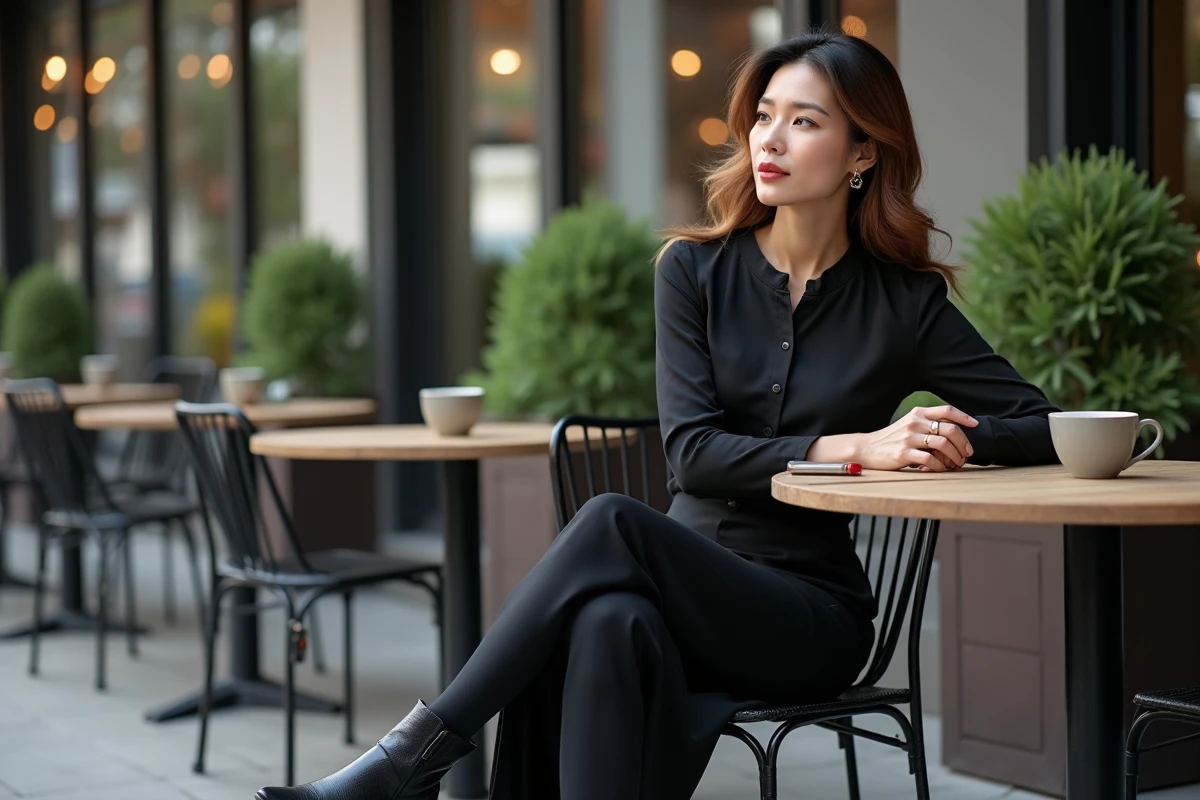 Femme en robe noire longue et bottines en cuir à bout pointu assise en terrasse de café moderne