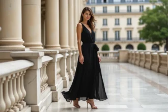 Femme en robe longue noire portant des sandales à talons nude sur une terrasse parisienne en marbre